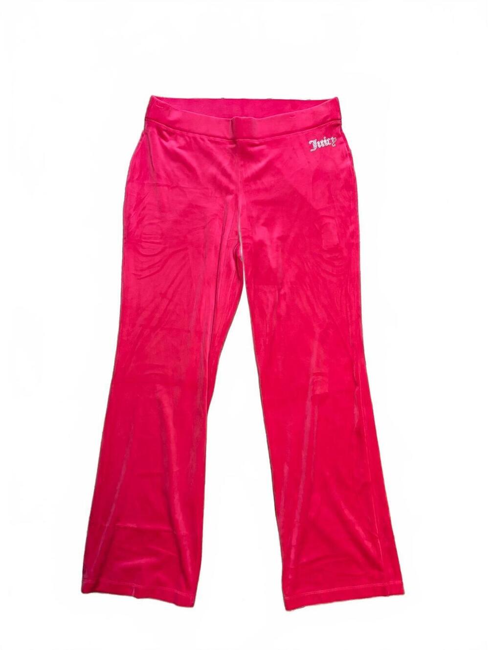 Vintage Y2K Juicy Couture Pink Velour Flare Pants Large Rhinestone Logo
